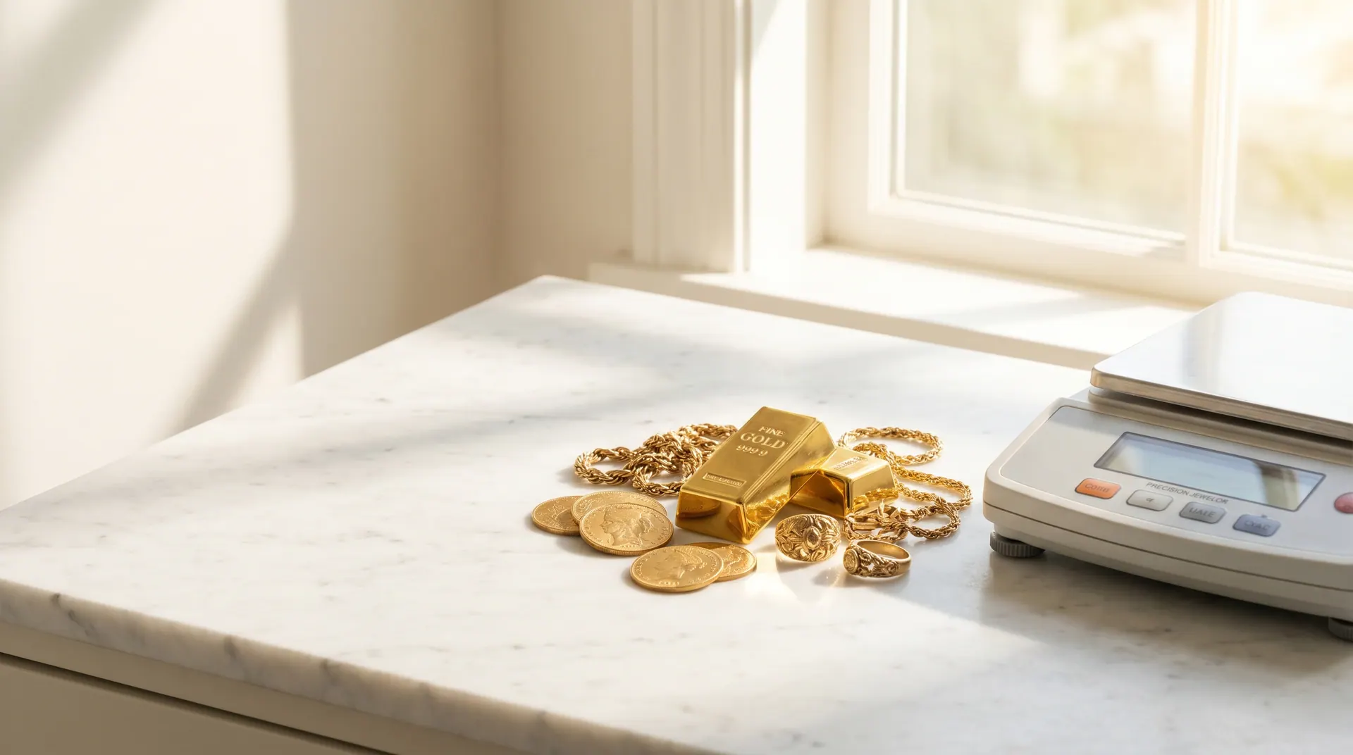 Goldmünzen, Ringe und Goldbarren neben geeichter Goldwaage bei RT Goldrausch Reutlingen