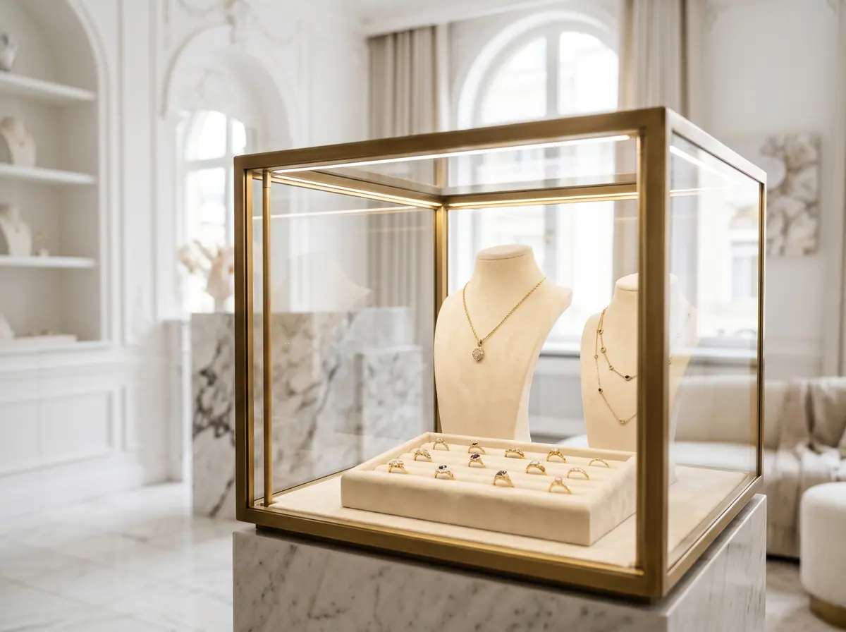 Goldschmuck-Auswahl in der Vitrine von RT Goldrausch Reutlingen